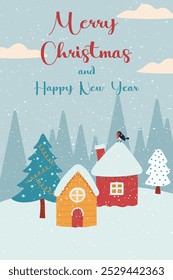 Cute Christmas card with winter theme. Winter forest with snowy houses and fir trees. Vector.