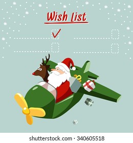 Cute christmas card, wish list with Santa Claus and reindeer flying the plane, delivering gifts, vector illustration background