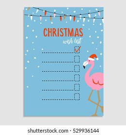 Cute Christmas card, wish list. Flamingo with Santa hat, dtring of lights and snow. Hand drawn vector illustration background.