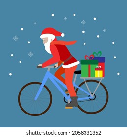 Cute christmas card with young santa riding a bike