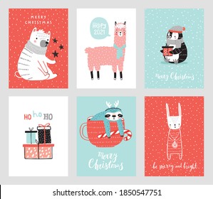 Cute Christmas cards with animals  celebrating Christmas eve, handwritten letterings and oyher elements. Funny characters. Vector illustration.