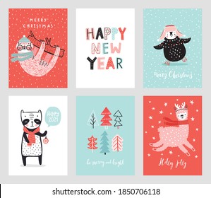 Cute Christmas cards with animals  celebrating Christmas eve, handwritten letterings and other elements. Funny characters. Vector illustration.