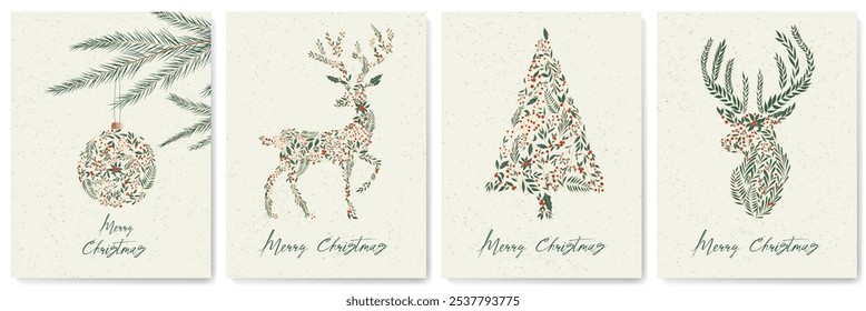 Cute Christmas cards with a floral pattern in the form of a fir tree, a deer, a Christmas tree toy on a branch. A festive template for decorating an invitation, wallpaper, poster, social networks.