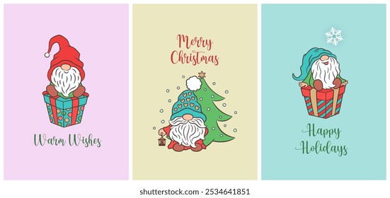 Cute Christmas cards with funny gnomes. Whimsical Scandinavian gnome characters and winter holiday items - Christmas tree, present gift box. Greeting card, gift label design templates.