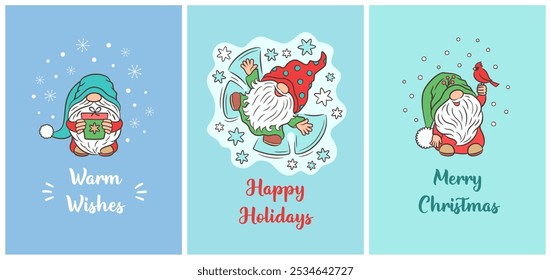 Cute Christmas cards with funny gnomes. Whimsical Scandinavian gnome characters winter holiday fun. Cardinal bird, gift box, snow angel. Greeting card, gift label design templates.