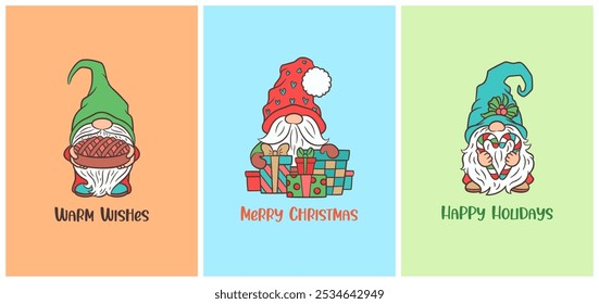 Cute Christmas cards with funny gnomes. Whimsical Scandinavian gnome characters and winter holiday items - Christmas presents, gift boxes, candy cane heart. Greeting card, gift label design templates.