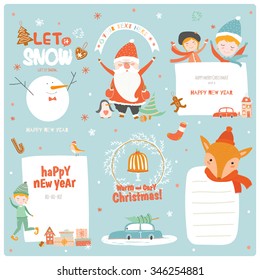 Cute Christmas cards, labels and stickers with Santa Claus, fox, elf,  friends and a lot of holiday symbols. Lovely winter invitations in cartoon and character style with place for text.
