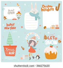 Cute Christmas cards, labels and stickers with Santa Claus, fox, elf,  friends and a lot of holiday symbols. Lovely winter invitations in cartoon and character style with place for text.