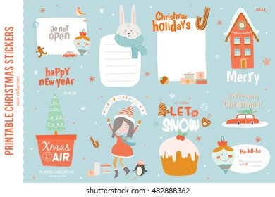 Cute Christmas cards, labels and stickers with Santa Claus, fox, elf, friends and a lot of holiday symbols. Lovely winter invitations in cartoon and character style with place for text.