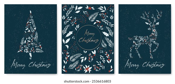 Tarjetas de Navidad lindas con un patrón de plantas, hojas y bayas en una rama, árbol de Navidad y ciervos. Fondo de arte para el diseño de Plantillas de saludo, carteles, redes sociales. Feliz Navidad
