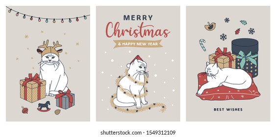 Cute Christmas cards. Posters with white cat, presents and garland lights. Perfect for greeting card, party invites, nursery, posters. Set of funny vector illustrations.