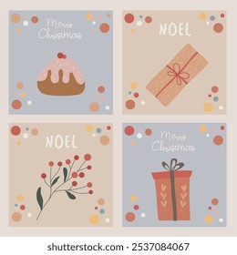 Cute Christmas cards set with cozy winter elements minimalistic hygge style