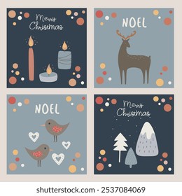 Cute Christmas cards set with cozy winter elements minimalistic hygge style