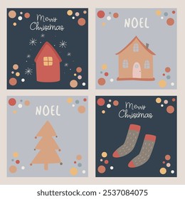 Cute Christmas cards set with cozy winter elements minimalistic hygge style