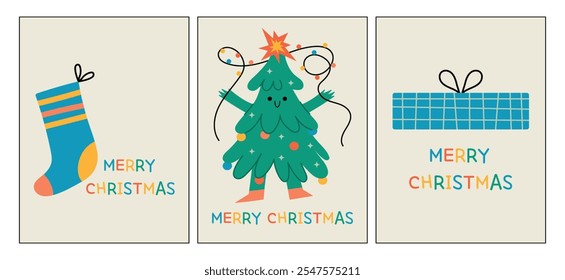 Cute Christmas cards set. Funny Christmas tree character, gift box and Christmas sock. Bright vector illustration