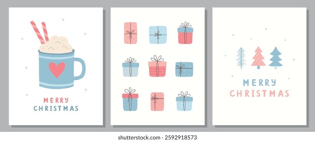 Cute Christmas cards. Vector illustration. Hot drink, gift collection, hand-drawn Christmas trees