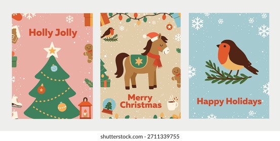 Lindas tarjetas de Navidad. Ilustraciones vectoriales. Felices Navidades. Símbolo del Año Nuevo. Tarjetas de regalo. Jilguero en una rama. Caballo del año Nuevo. Imprimir para el diseño de la tarjeta. Plantillas de Festiva