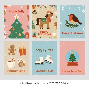 Cute Christmas cards. Vector illustrations. Merry Christmas. New Year's symbol. Gift cards. Bullfinch on a branch. New Year's horse. Print for card design. 
