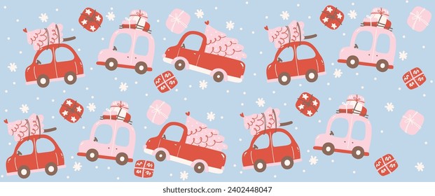 Cute Christmas Cars Glass Can Wrap Pattern layered printable for 16 oz Libbey isolated on blue background.