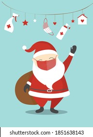 Cute Christmas cartoon character with corona virus protection,Vector illustrations.