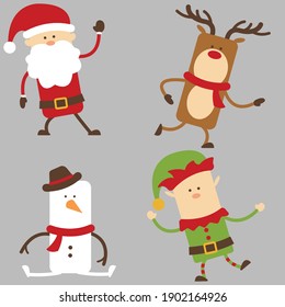 Cute christmas cartoon characters have santa claus, reindeer, snowman and elf