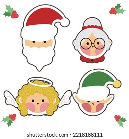 Cute christmas cartoon characters have santa claus, Mrs. Santa Claus, angel and elf. Christmas illustration decorated on white background. Cute style design for cards, posters, all 