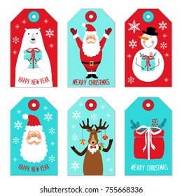 Cute Christmas cartoon characters of Santa Claus, Reindeer, Snowman and Polar Bear as tags