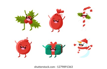 Cute Christmas cartoon characters set, mistletoe branch, gift box, bag with gifts, candy cane, snowman, funny decoration elements vector Illustration