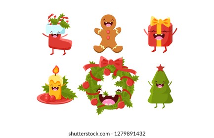 Cute Christmas cartoon characters set, wreath, gift box, candle, candy cane, sock, gingerbread, holiday tree, funny decoration elements vector Illustration