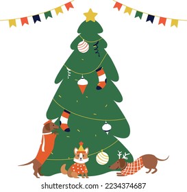 Cute christmas cartoon dachshund and corgi, garland with flags, hanging flags, christmas tree, corgi and dachshund in ugly sweaters, greeting card 