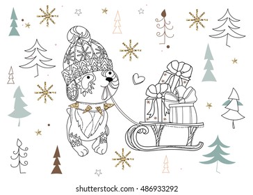 Cute christmas cartoon dog in hat zen art doodle.Vector illustration ready for adult anti stress coloring book or invitation,postcard.Gift boxes on christmas sledge.