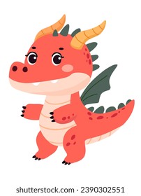 Cute christmas cartoon dragon with wings and horns. Vector fantasy character isolated on white background.