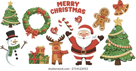 Coleção de elementos de desenhos animados de Natal bonito com Papai Noel, rena, boneco de neve, árvores de Natal, coroa de flores, homem de gengibre, cana de doces, presentes, sinos e flocos de neve. Perfeito para cartões de férias, adesivos