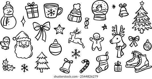 Cute Christmas cartoon illustration, vector doodle clip art, winter holiday decorative line art set, isolated