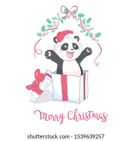 Cute Christmas cartoon panda bear character in Santa's hat with pompon vector image isolated on white. Funny bearcat Merry Christmas