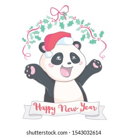 Cute Christmas cartoon panda bear character in Santa's hat with pompon vector image isolated on white.