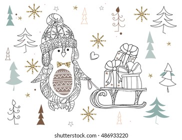 Cute christmas cartoon penguin in hat zen art doodle.Vector illustration ready for adult anti stress coloring book or invitation,postcard.Gift boxes on christmas sledge.