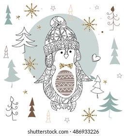 Cute christmas cartoon penguin in hat zen art doodle.Vector illustration ready for adult anti stress coloring book or invitation,postcard.