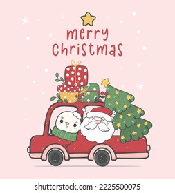 Cute Christmas Cartoon Santa and Snowman in Vintage Car, kawaii doodle hand drawing illustration, adding a touch of whimsy and retro charm to your holiday projects.