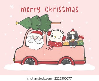 Cute Christmas Cartoon Santa and Snowman in Vintage Car, kawaii doodle hand drawing illustration, adding a touch of whimsy and retro charm to your holiday projects.