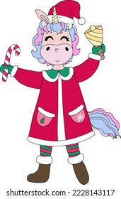 Cute Christmas cartoon unicorn, vector illustration