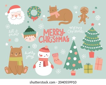 Cute Christmas cartoon vector design elements. Christmas and winter illustrations in hand drawn style.