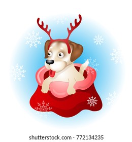 Cute Christmas Cartoon vtctor Illustration of a Dog with deer horn in Santa's bag.