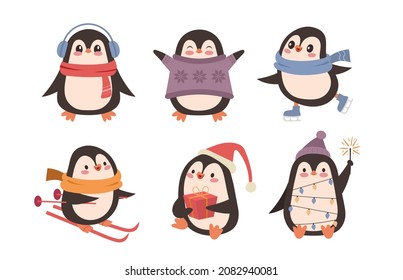 Cute christmas cartoon winter penguins on isolated background. Hand drawn characters. Vector illustration