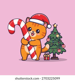 Cute Christmas Cat with Candy Cane and Tree Vector Illustration