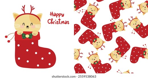 Cute Christmas cat card and cute cartoon cat pattern in stocking cute Christmas and winter wallpaper for fabric prints, gift wrapping paper