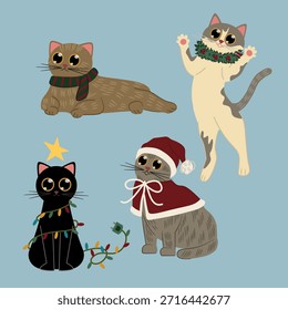 Cute Christmas cat characters in flat design vector with festive accessories like scarves, lights, and Santa outfit. Perfect for greeting cards, holiday designs, posters, stickers, and seasonal decorations.