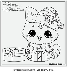 Cute Christmas cat coloring page.