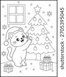 Cute Christmas Cat Decorating Tree. Winter Coloring Page for kids. Kawaii Kitten with Santa Hat, Ornaments, and Gifts. Holiday Line Art for Children.