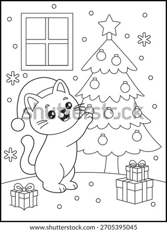 Cute Christmas Cat Decorating Tree. Winter Coloring Page for kids. Kawaii Kitten with Santa Hat, Ornaments, and Gifts. Holiday Line Art for Children.